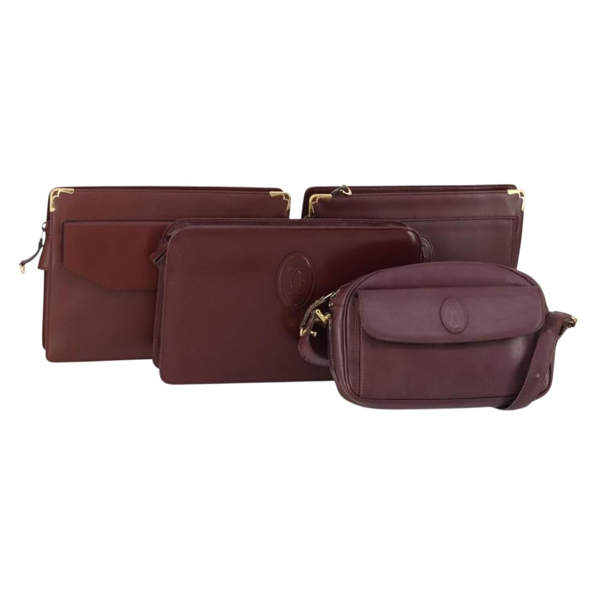 CARTIER Must Line Clutch Bag Leather 4 Set Bordeaux Gold Auth bs30524