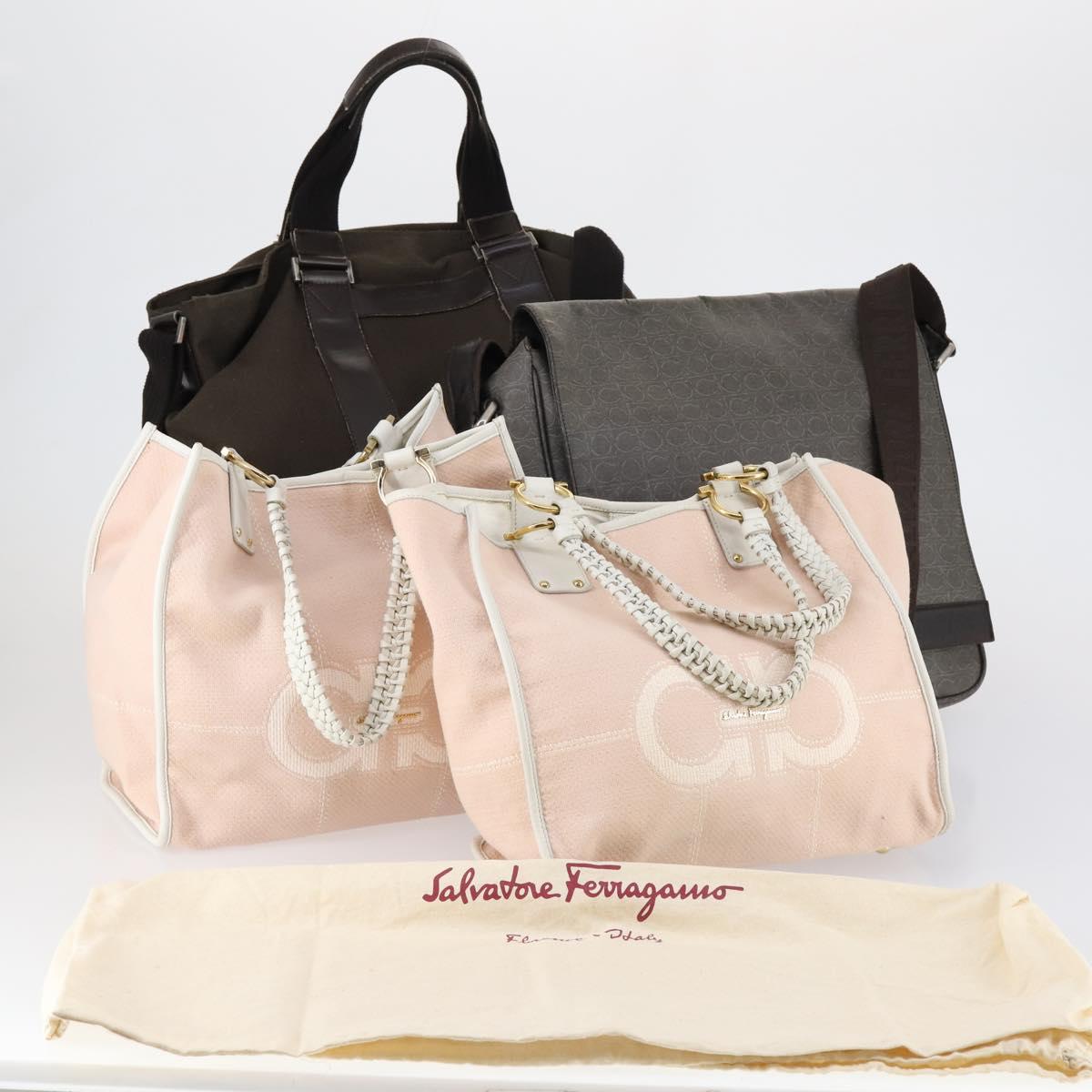 Salvatore Ferragamo Shoulder Bag Canvas 4 Set Pink Khaki white Auth bs30525