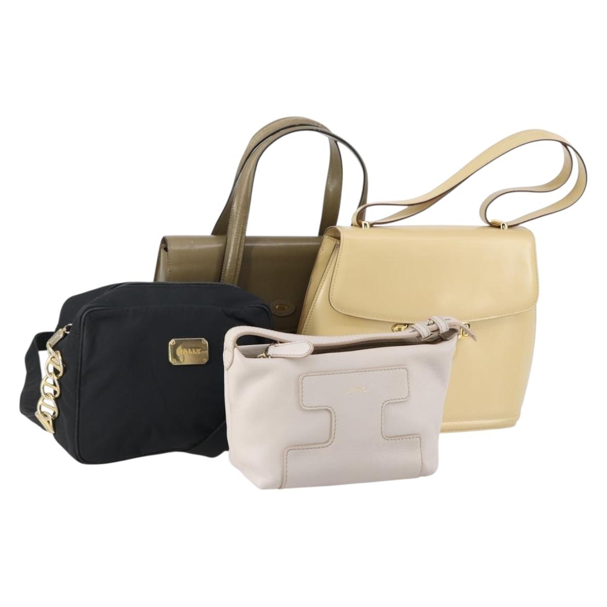 BALLY Shoulder Bag Nylon Leather 4 Set Beige Black Auth bs30531