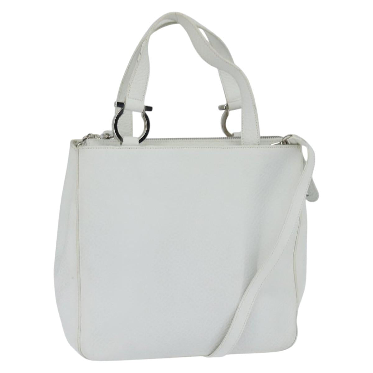 Salvatore Ferragamo Gancini Hand Bag Leather 2way White Silver Auth bs30581