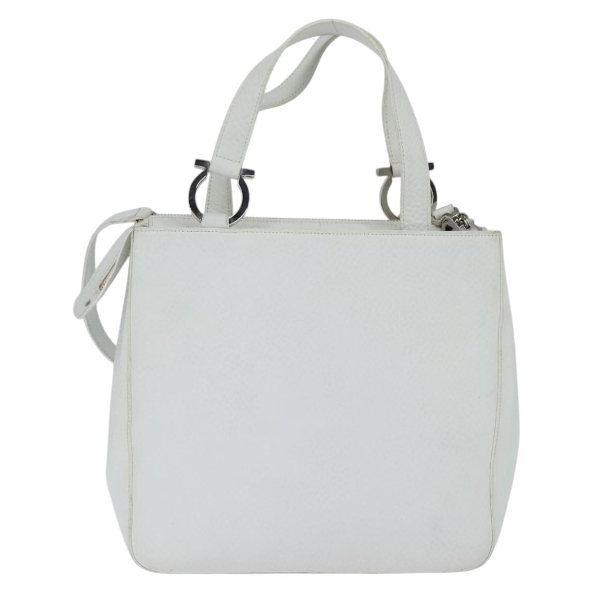 Salvatore Ferragamo Gancini Hand Bag Leather 2way White Silver Auth bs30581