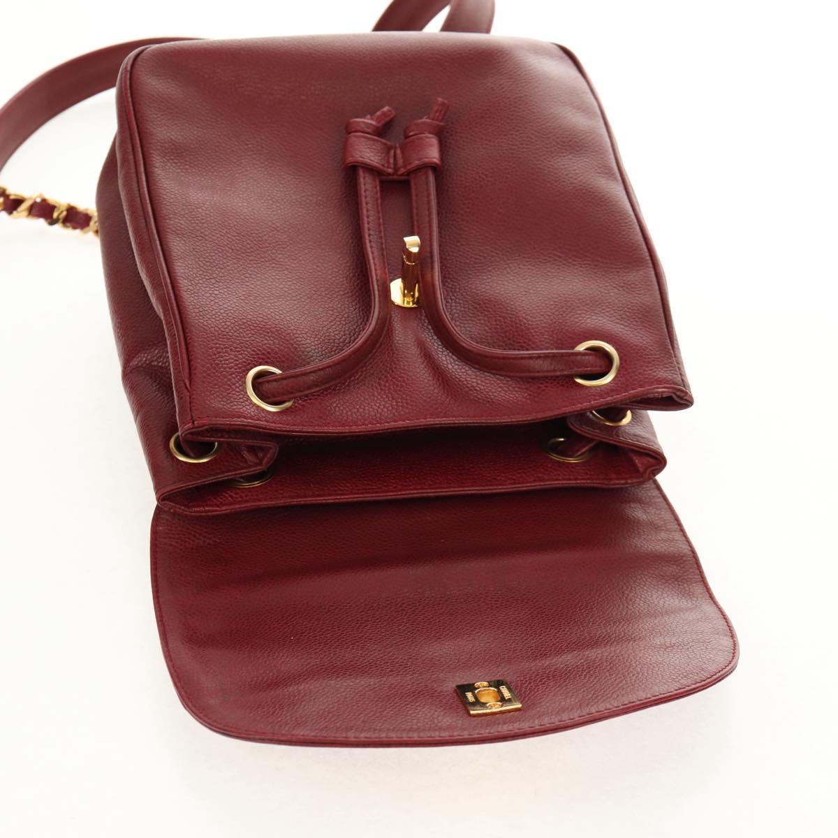 CHANEL Backpack Caviar Skin Red Gold CC Auth bs30593V