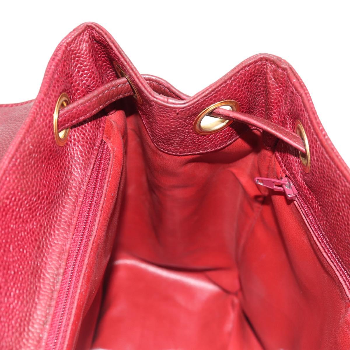 CHANEL Backpack Caviar Skin Red Gold CC Auth bs30593V