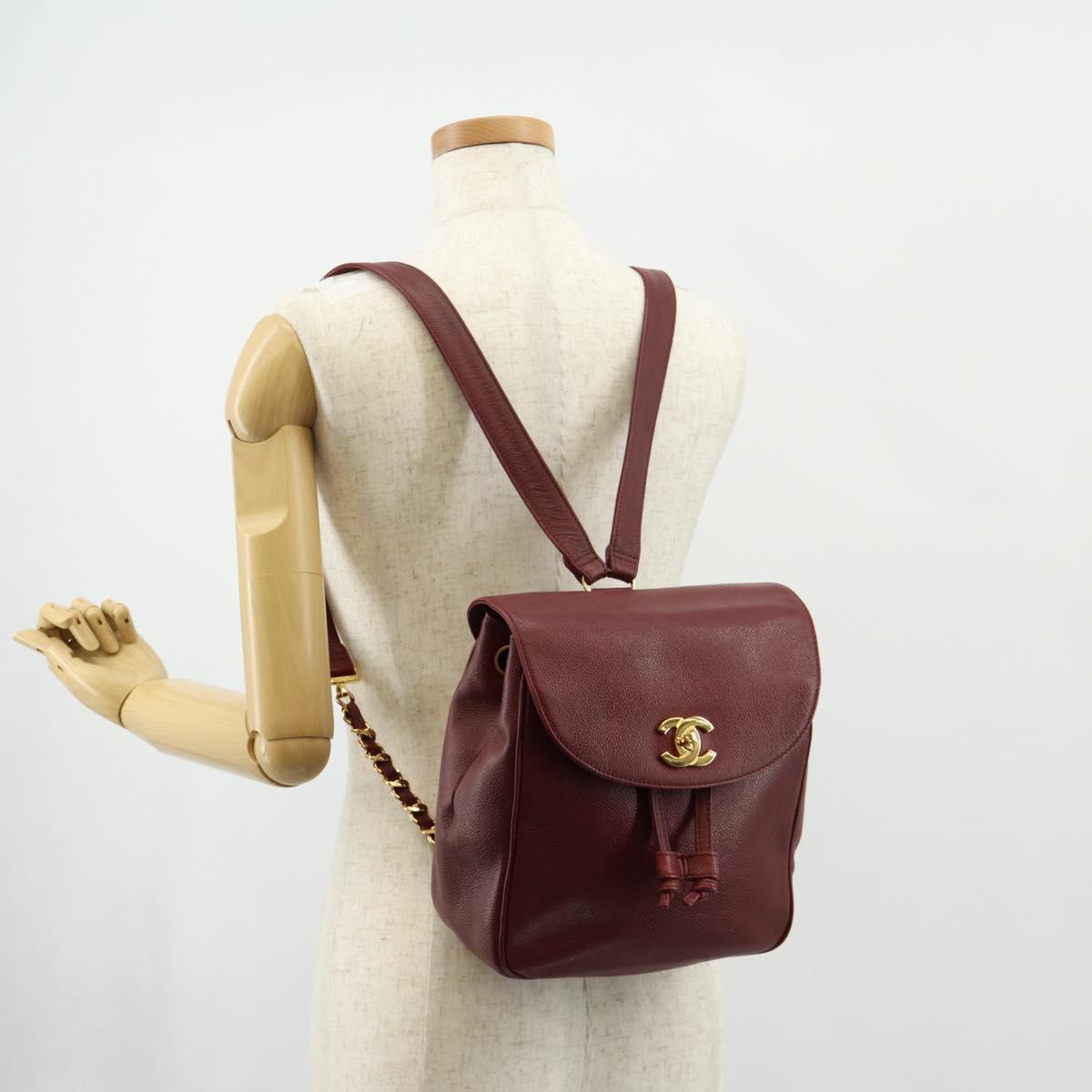 CHANEL Backpack Caviar Skin Red Gold CC Auth bs30593V