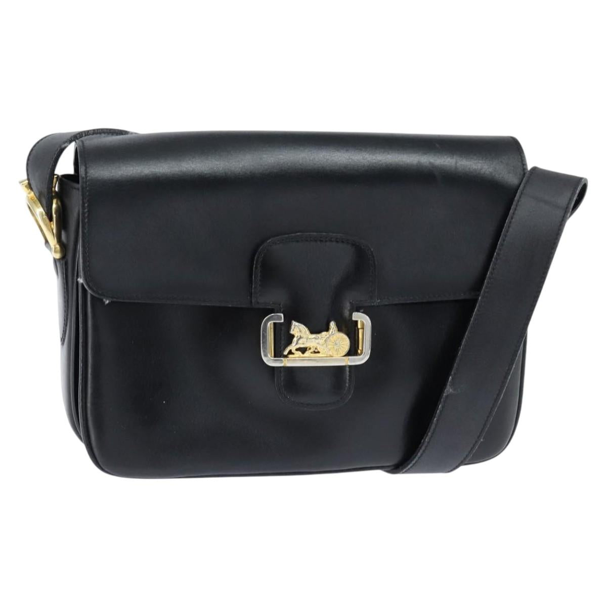 CELINE Horse Carriage Shoulder Bag Leather Black Gold Auth bs30594