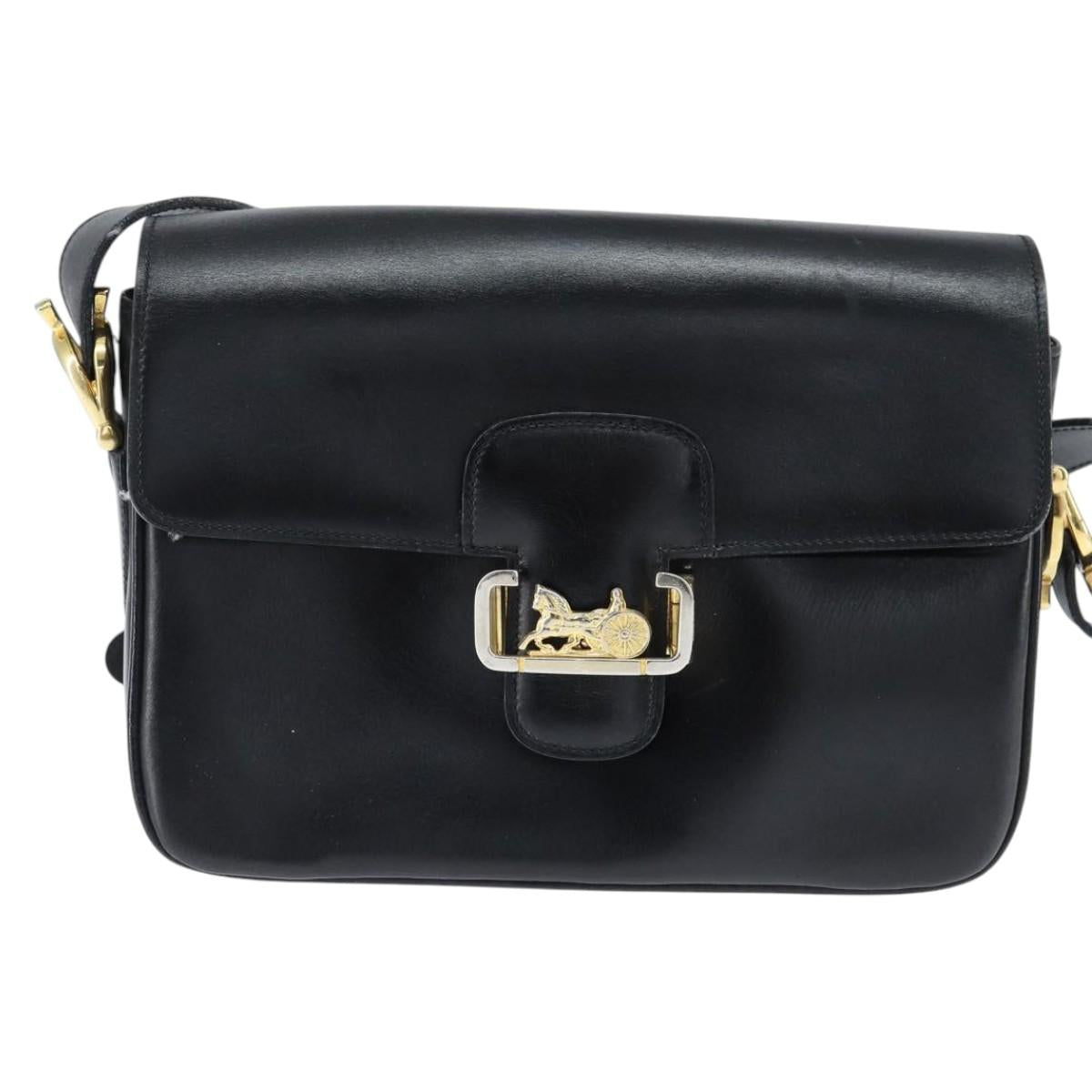 CELINE Horse Carriage Shoulder Bag Leather Black Gold Auth bs30594