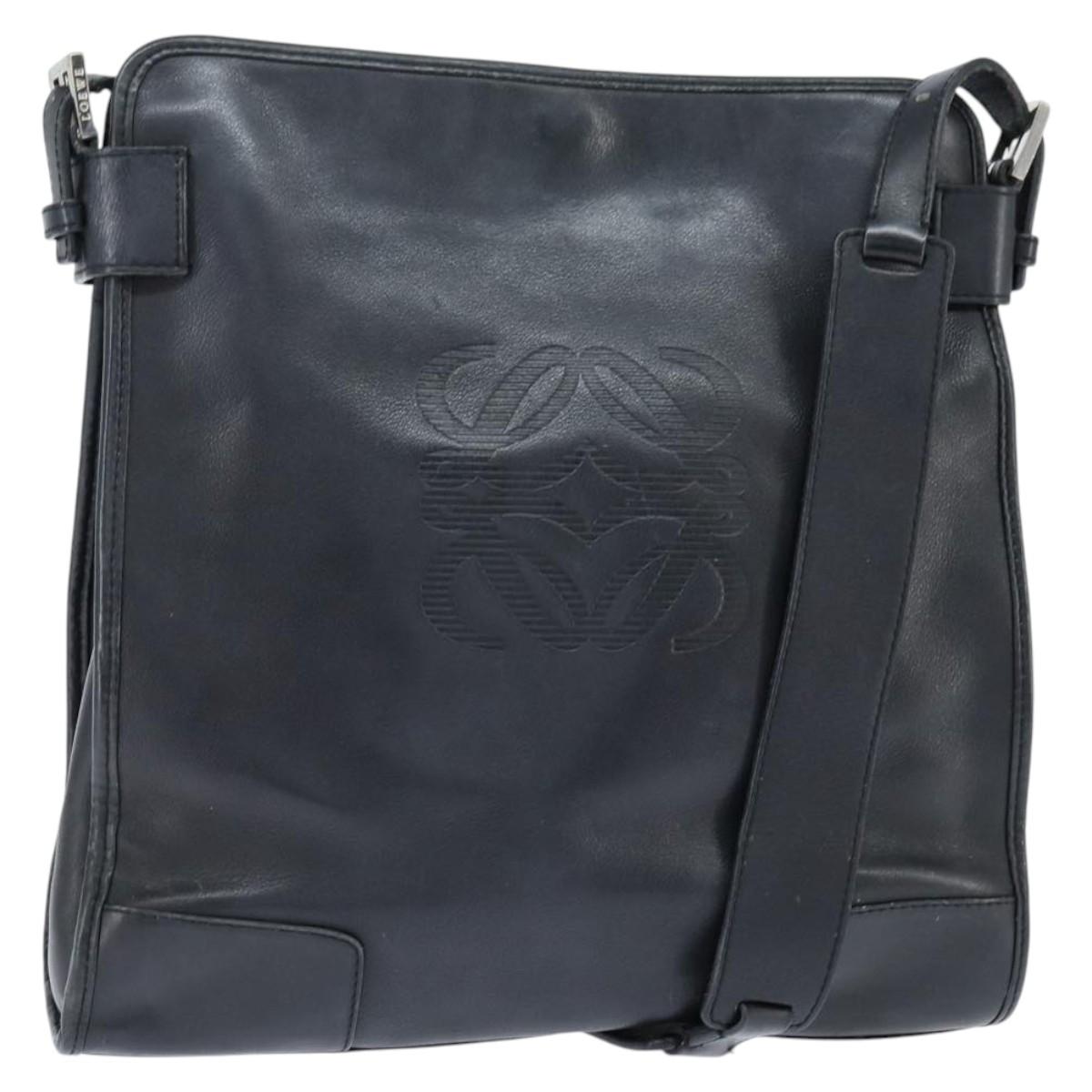 LOEWE Anagram Shoulder Bag Leather Black Silver Auth bs30598