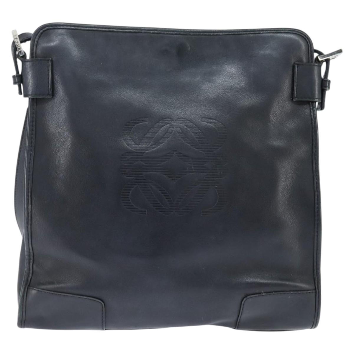 LOEWE Anagram Shoulder Bag Leather Black Silver Auth bs30598