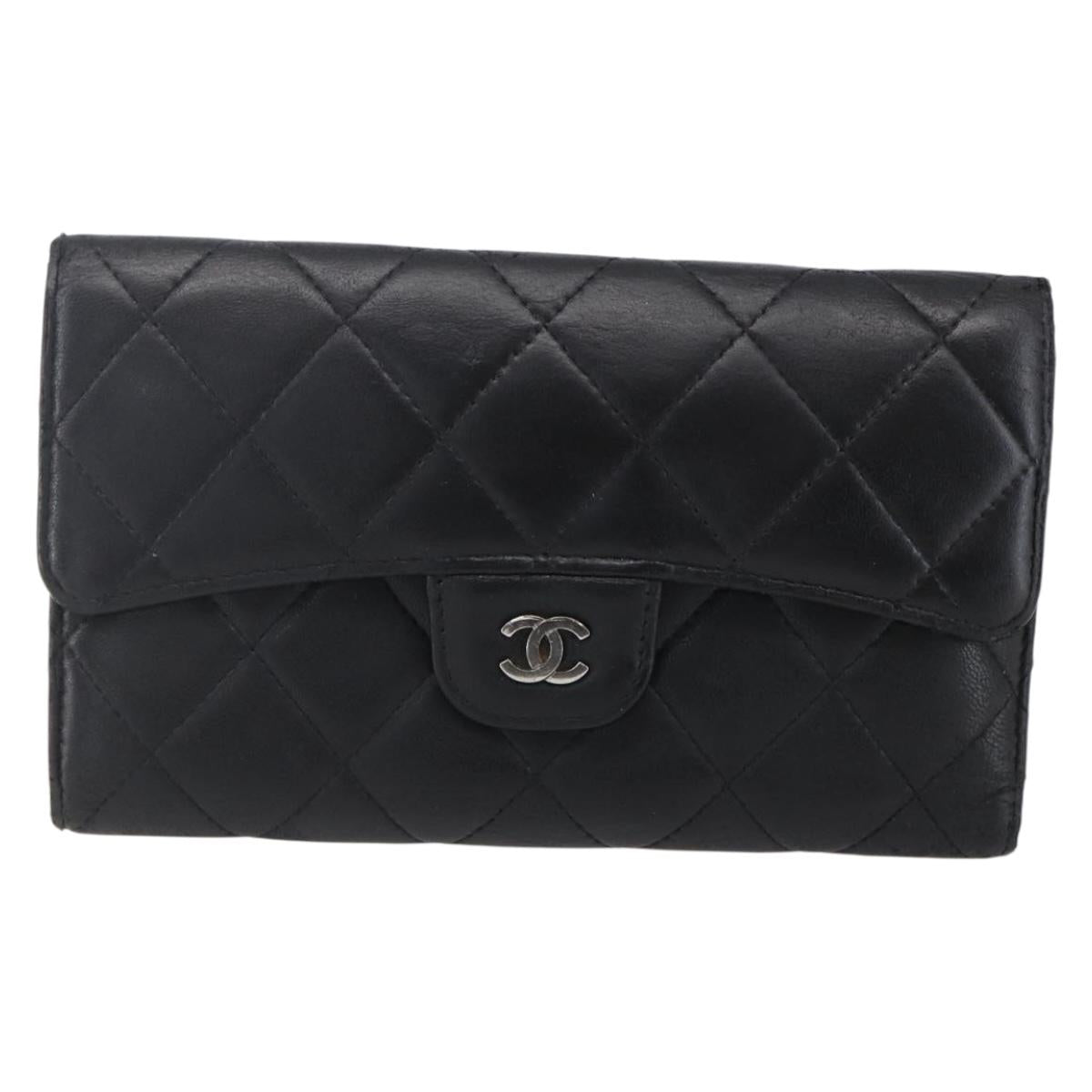 CHANEL Matelasse Long Wallet Lamb Skin Black Silver CC Auth bs30604
