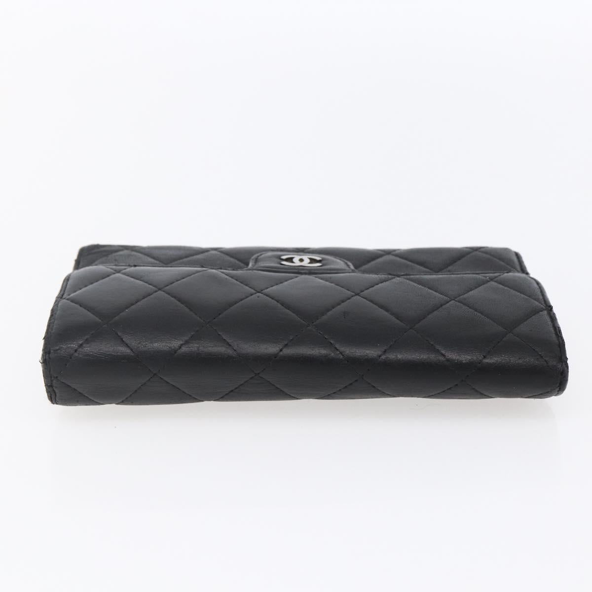 CHANEL Matelasse Long Wallet Lamb Skin Black Silver CC Auth bs30604