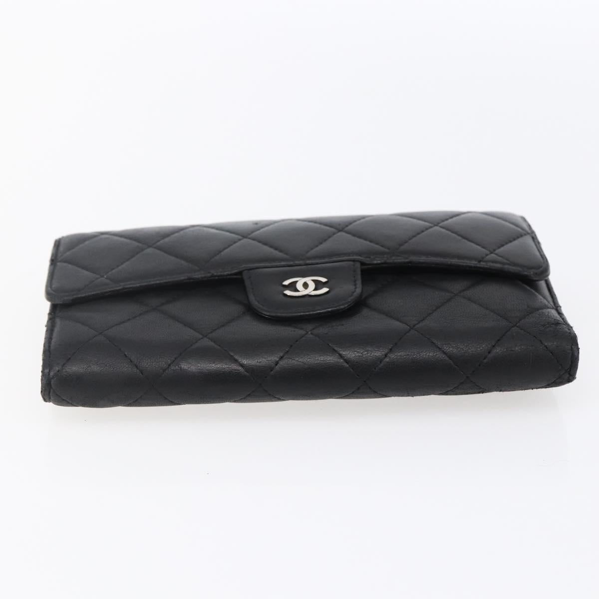 CHANEL Matelasse Long Wallet Lamb Skin Black Silver CC Auth bs30604