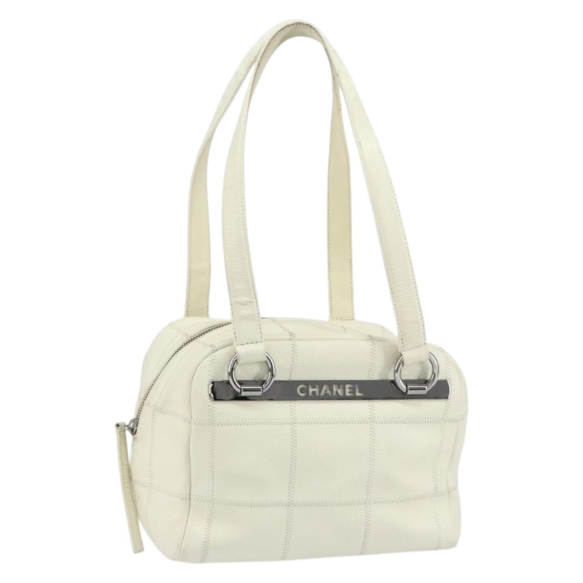 CHANEL Choco Bar Shoulder Bag Caviar Skin White Silver CC Auth bs30605