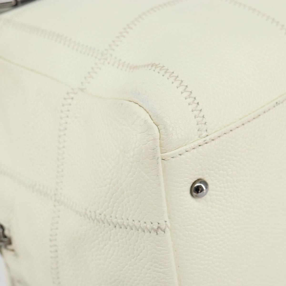 CHANEL Choco Bar Shoulder Bag Caviar Skin White Silver CC Auth bs30605