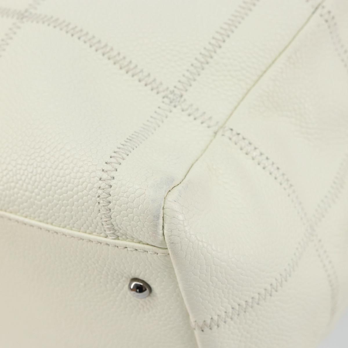 CHANEL Choco Bar Shoulder Bag Caviar Skin White Silver CC Auth bs30605