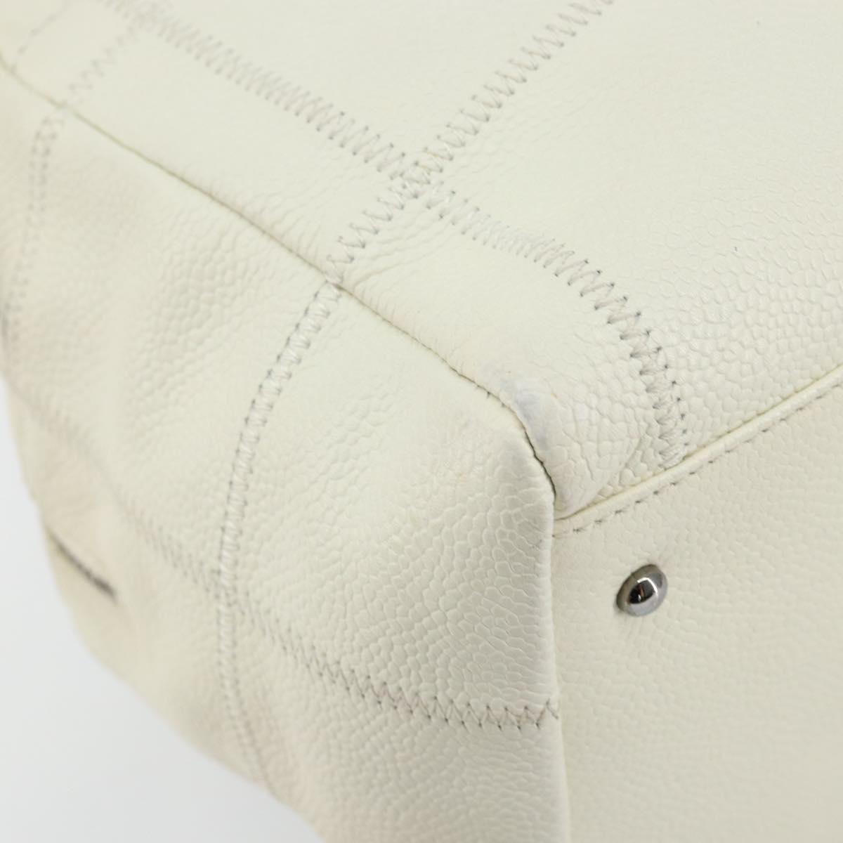 CHANEL Choco Bar Shoulder Bag Caviar Skin White Silver CC Auth bs30605