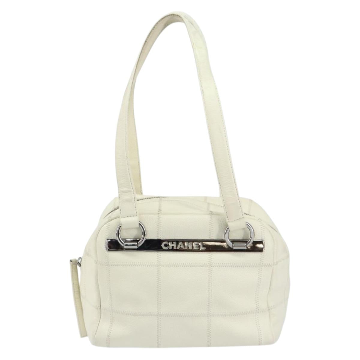 CHANEL Choco Bar Shoulder Bag Caviar Skin White Silver CC Auth bs30605