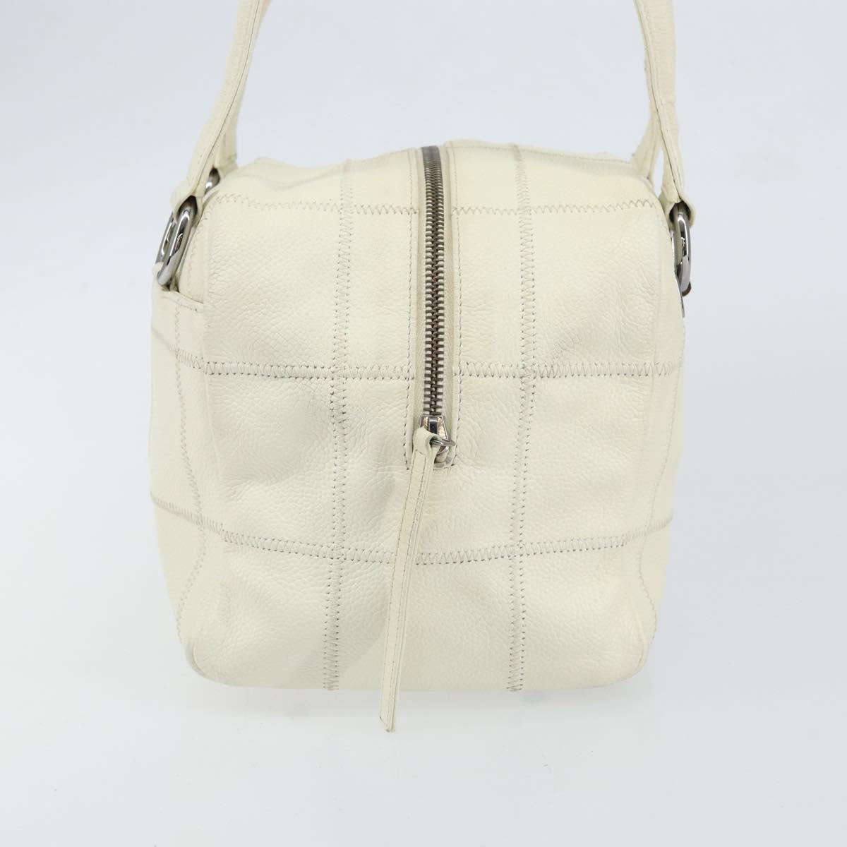 CHANEL Choco Bar Shoulder Bag Caviar Skin White Silver CC Auth bs30605