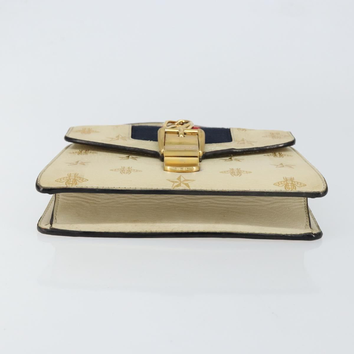 GUCCI Sherry Line Hand Bag Leather White Gold Navy 470270 Auth bs30628