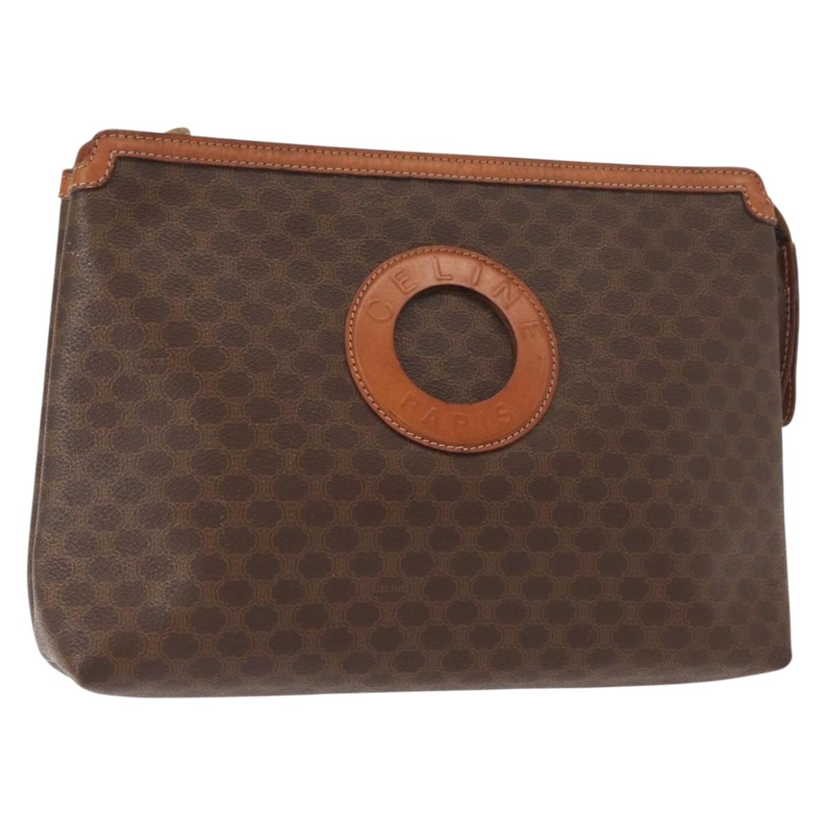 CELINE Macadam Canvas Clutch Bag PVC Leather Brown Gold Auth bs30630