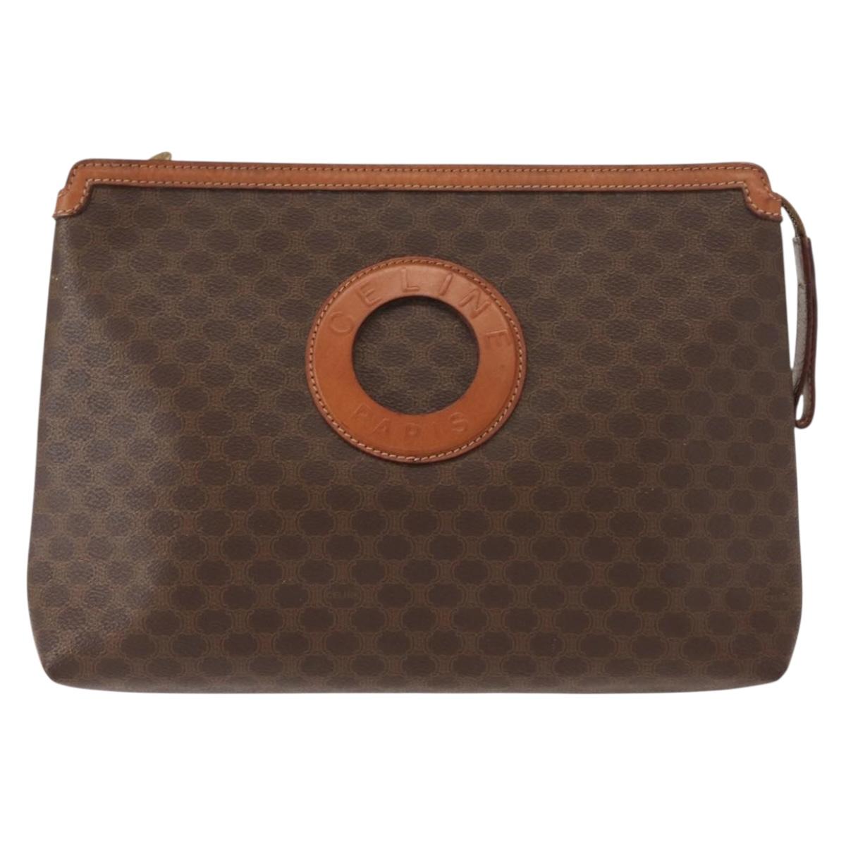 CELINE Macadam Canvas Clutch Bag PVC Leather Brown Gold Auth bs30630