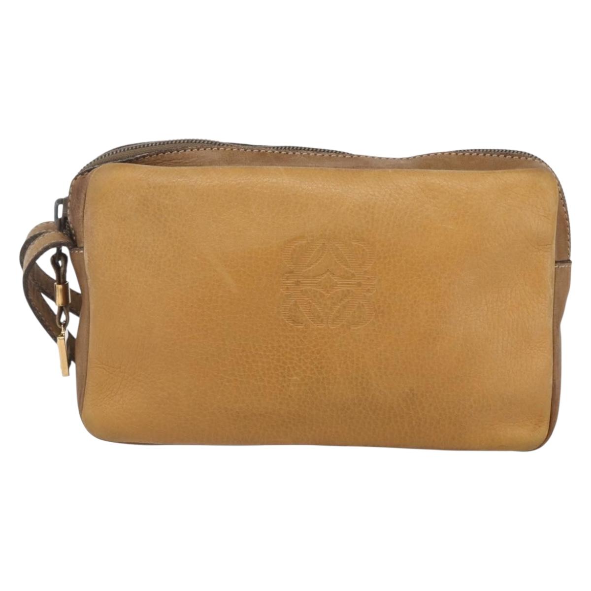 LOEWE Anagram Clutch Bag Leather Beige Auth bs30633