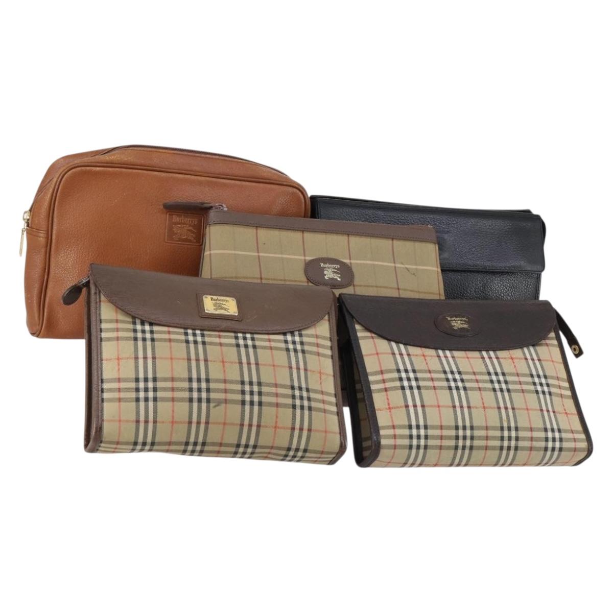 Burberrys Nova Check Clutch Bag Canvas Leather 5 Set Beige Black Auth bs30660