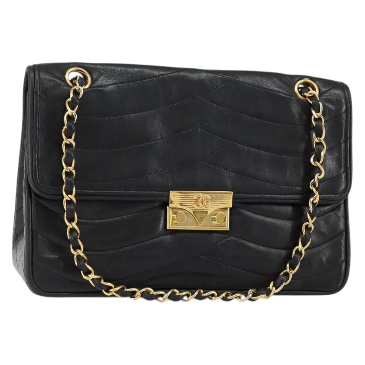 CHANEL Chain Shoulder Bag Lamb Skin Black Gold CC Auth bs30716