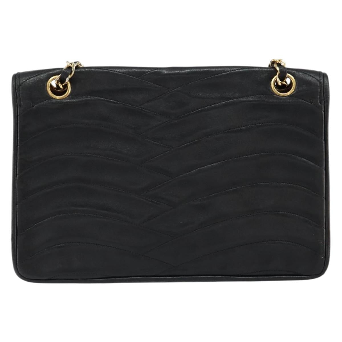 CHANEL Chain Shoulder Bag Lamb Skin Black Gold CC Auth bs30716