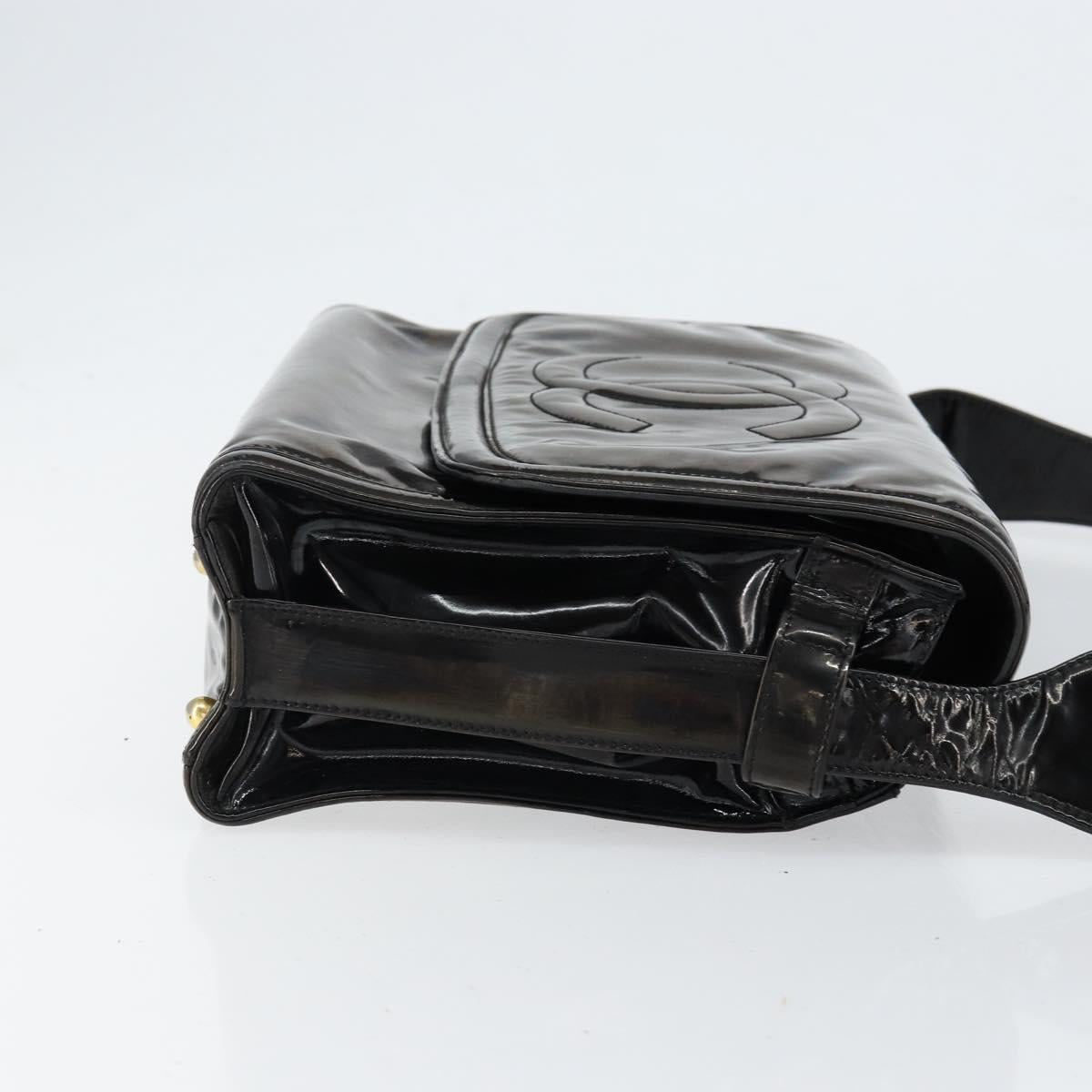 CHANEL Shoulder Bag Enamel Black Gold CC Auth bs30719