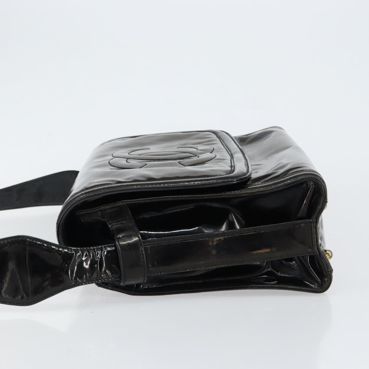 CHANEL Shoulder Bag Enamel Black Gold CC Auth bs30719