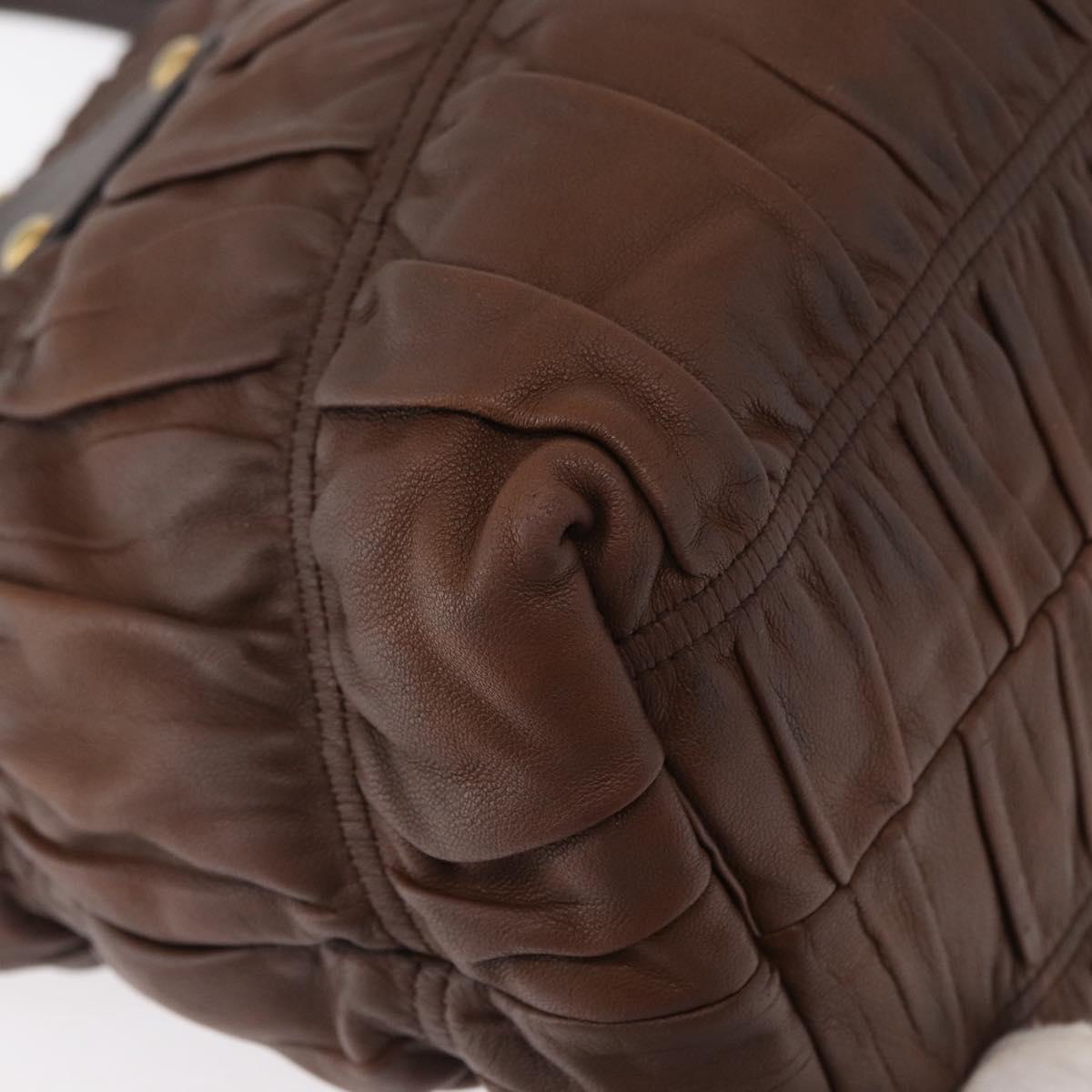 PRADA Gathered Hand Bag Leather Brown Gold Auth bs30722