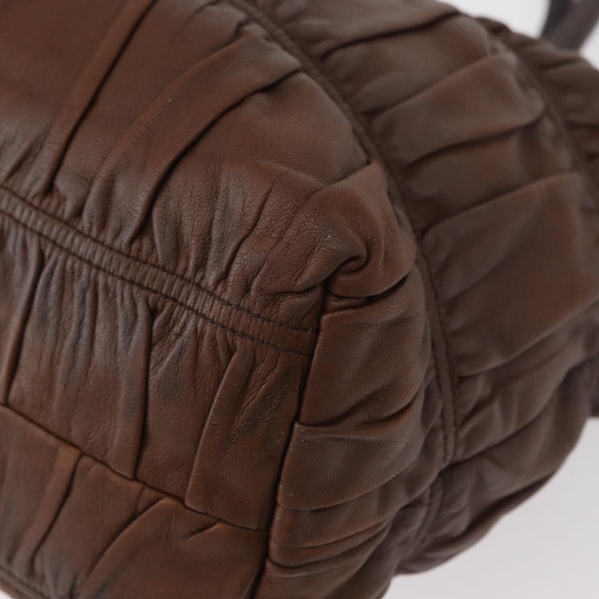 PRADA Gathered Hand Bag Leather Brown Gold Auth bs30722