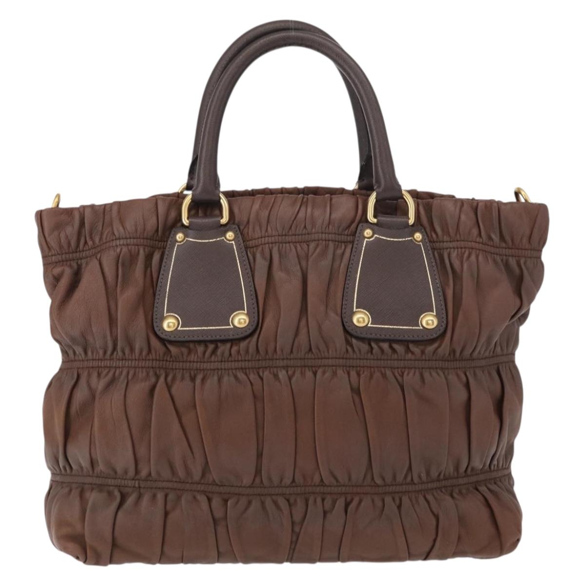 PRADA Gathered Hand Bag Leather Brown Gold Auth bs30722
