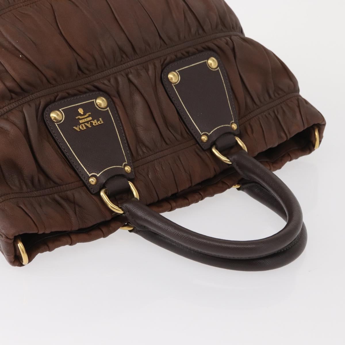 PRADA Gathered Hand Bag Leather Brown Gold Auth bs30722