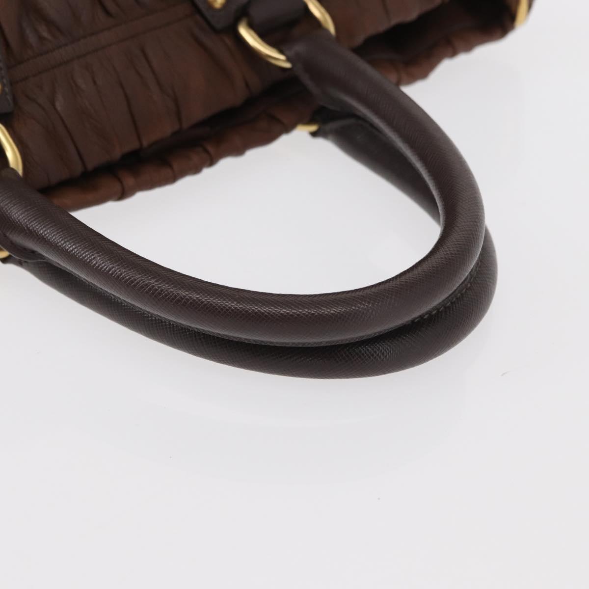 PRADA Gathered Hand Bag Leather Brown Gold Auth bs30722