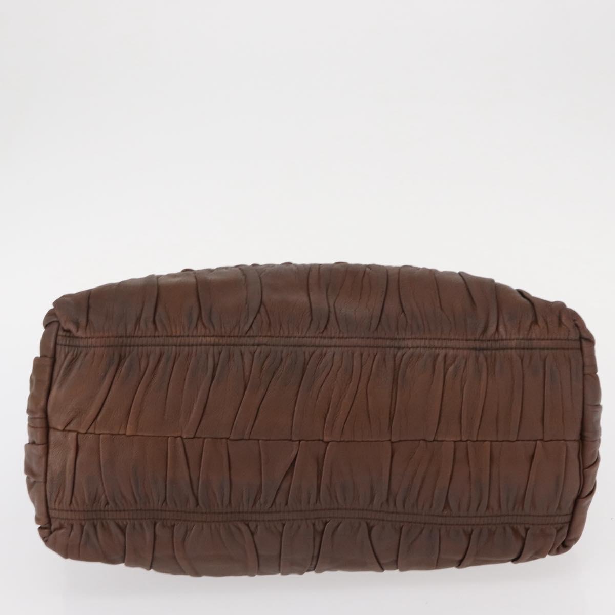 PRADA Gathered Hand Bag Leather Brown Gold Auth bs30722