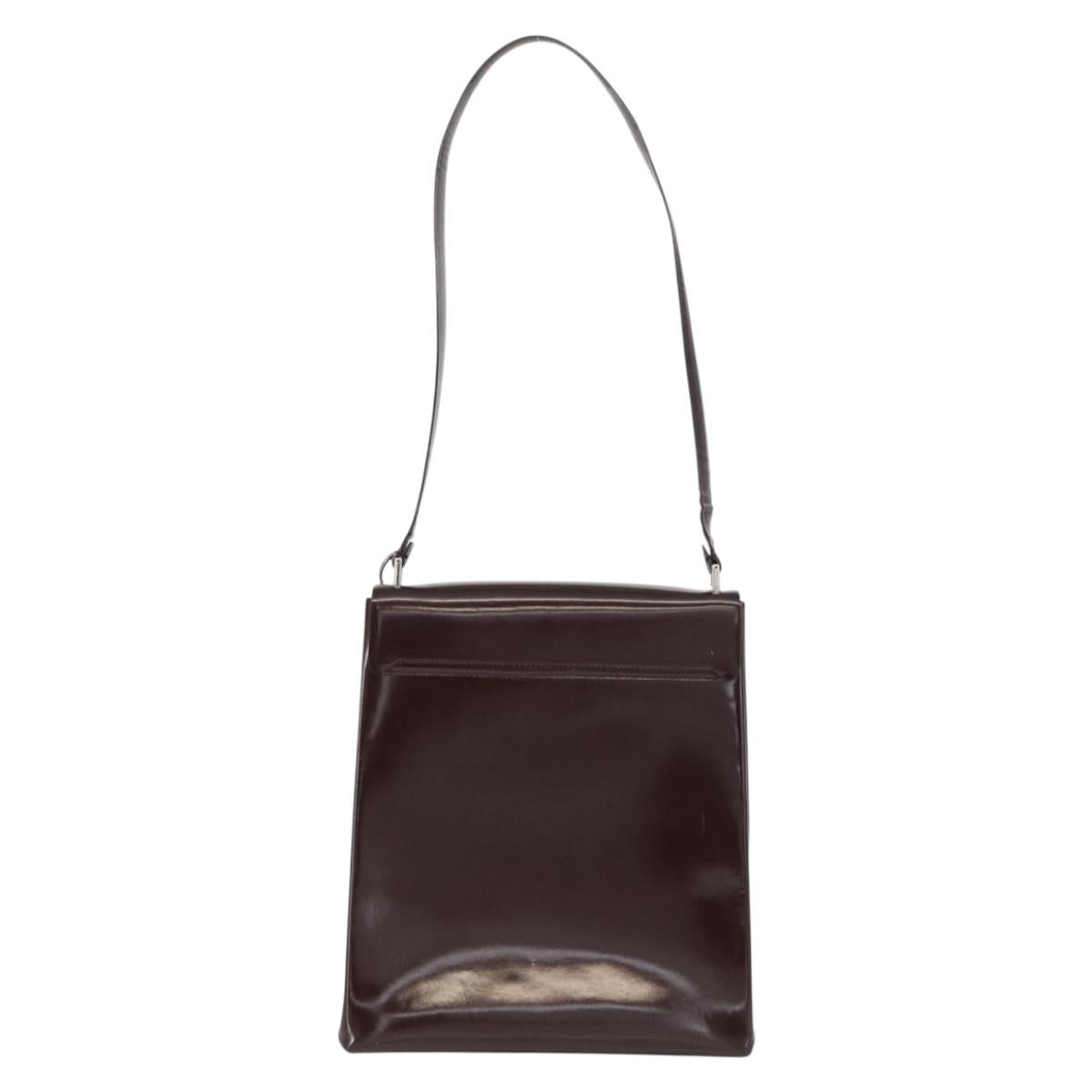 GUCCI Shoulder Bag Patent leather Brown Silver Auth bs30756