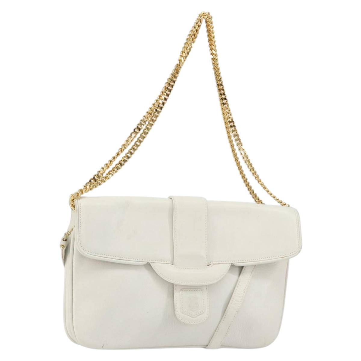 CELINE Shoulder Bag Leather White Gold Auth bs30776