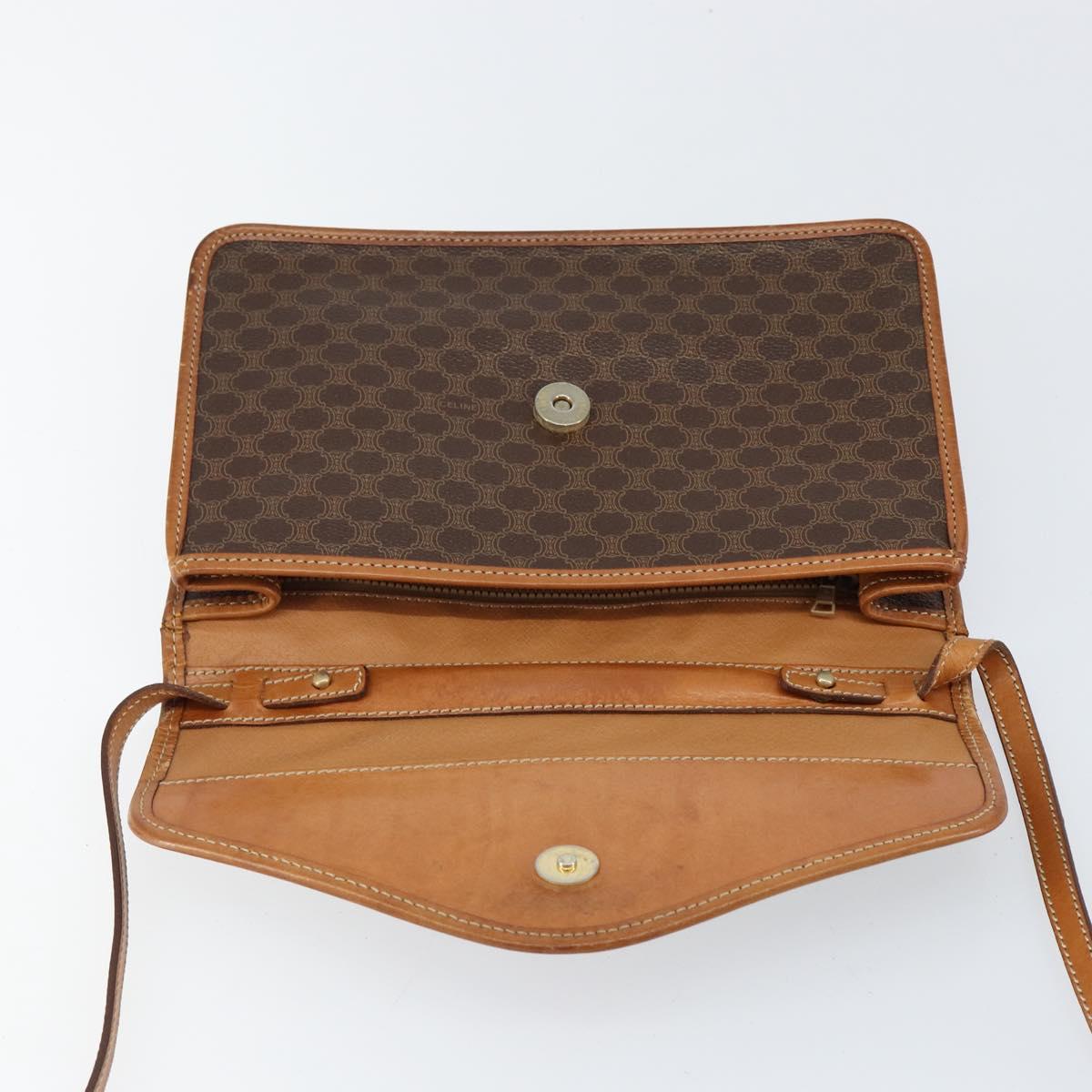 CELINE Macadam Canvas Shoulder Bag PVC Leather Beige Gold Auth bs30777