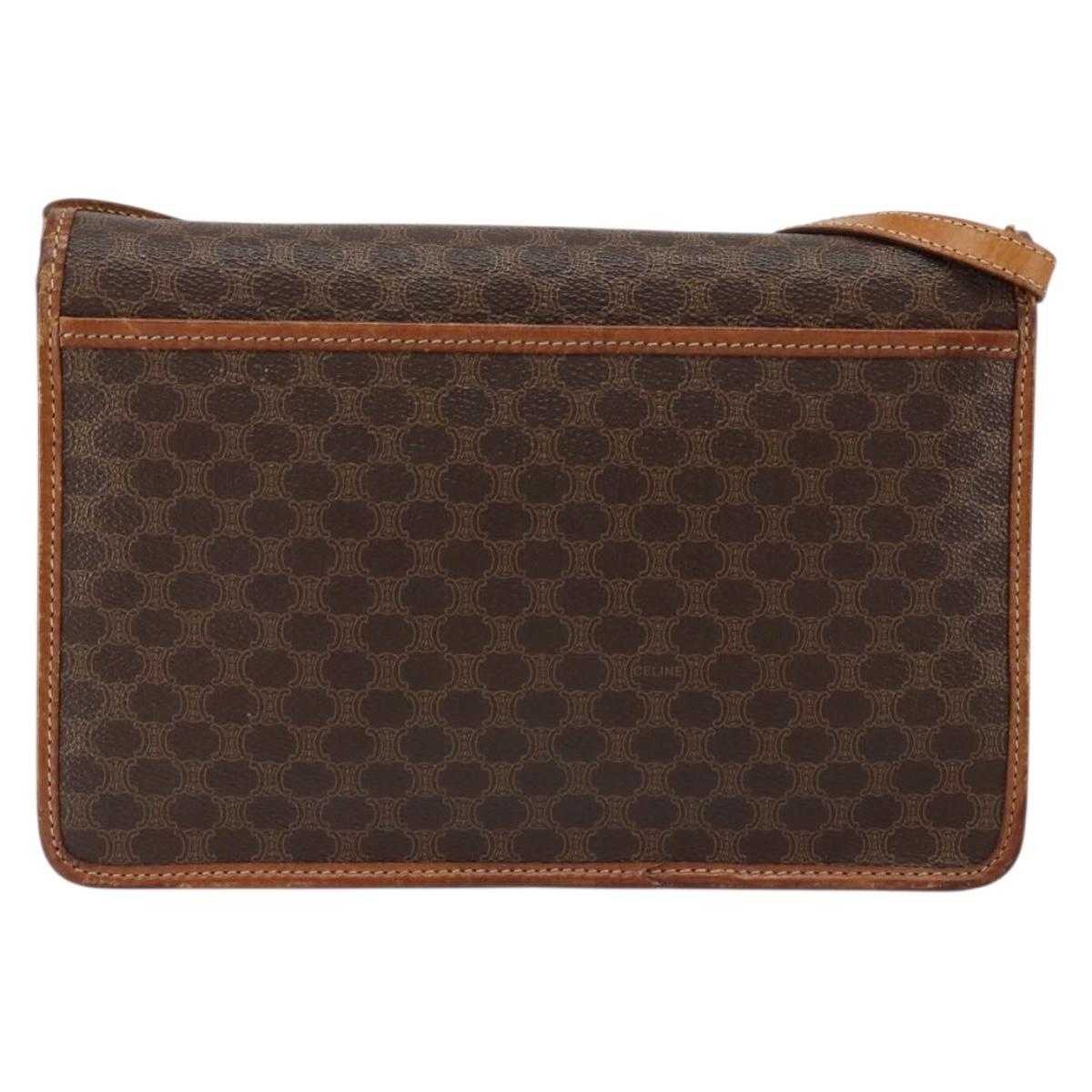 CELINE Macadam Canvas Shoulder Bag PVC Leather Beige Gold Auth bs30777