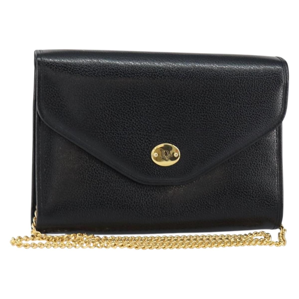 Christian Dior Chain Shoulder Bag Leather Black Gold Auth bs30789