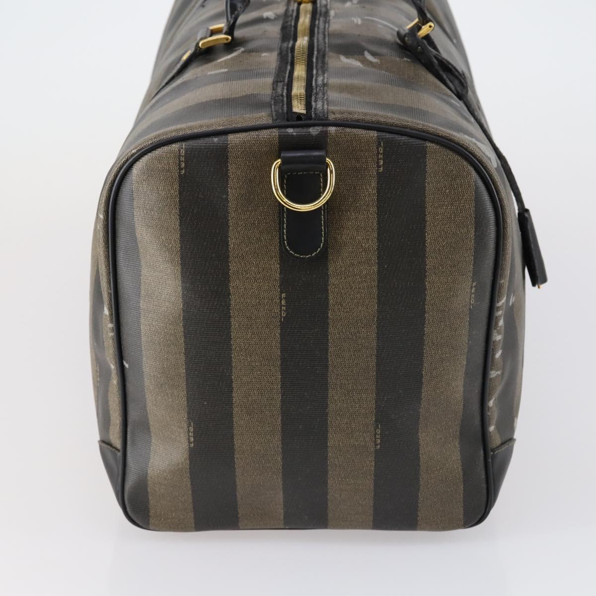 FENDI Pecan Canvas Boston Bag PVC Black Brown gold Auth bs30798