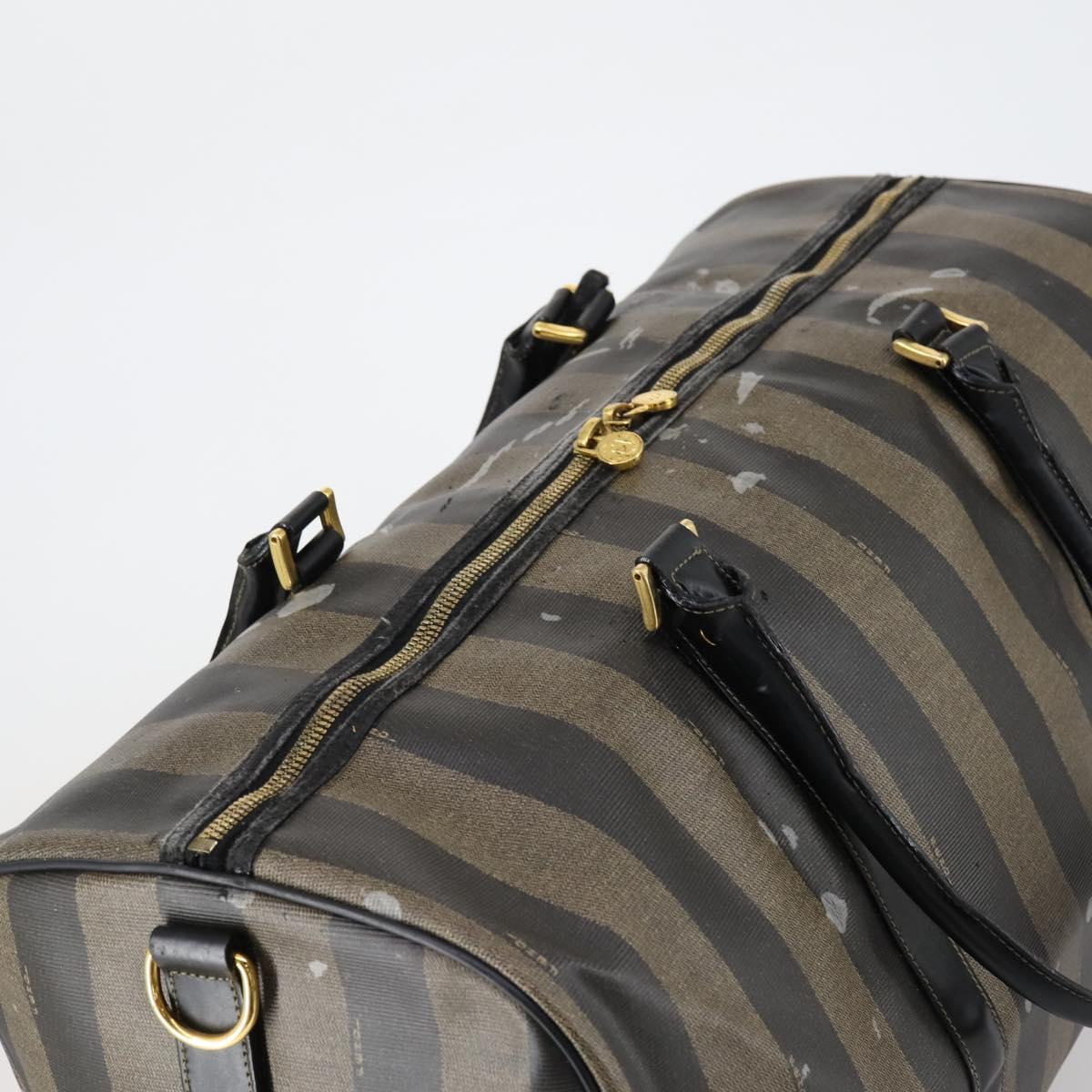 FENDI Pecan Canvas Boston Bag PVC Black Brown gold Auth bs30798