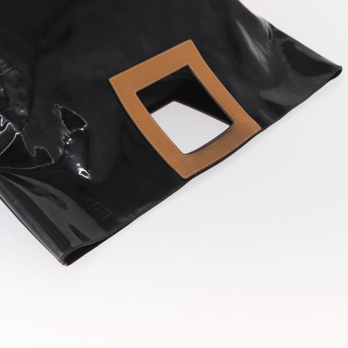 FENDI Hand Bag Enamel Black Gold Auth bs30799