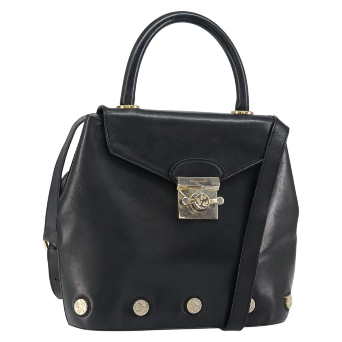 Salvatore Ferragamo Hand Bag Leather 2way Black Gold Auth bs30800