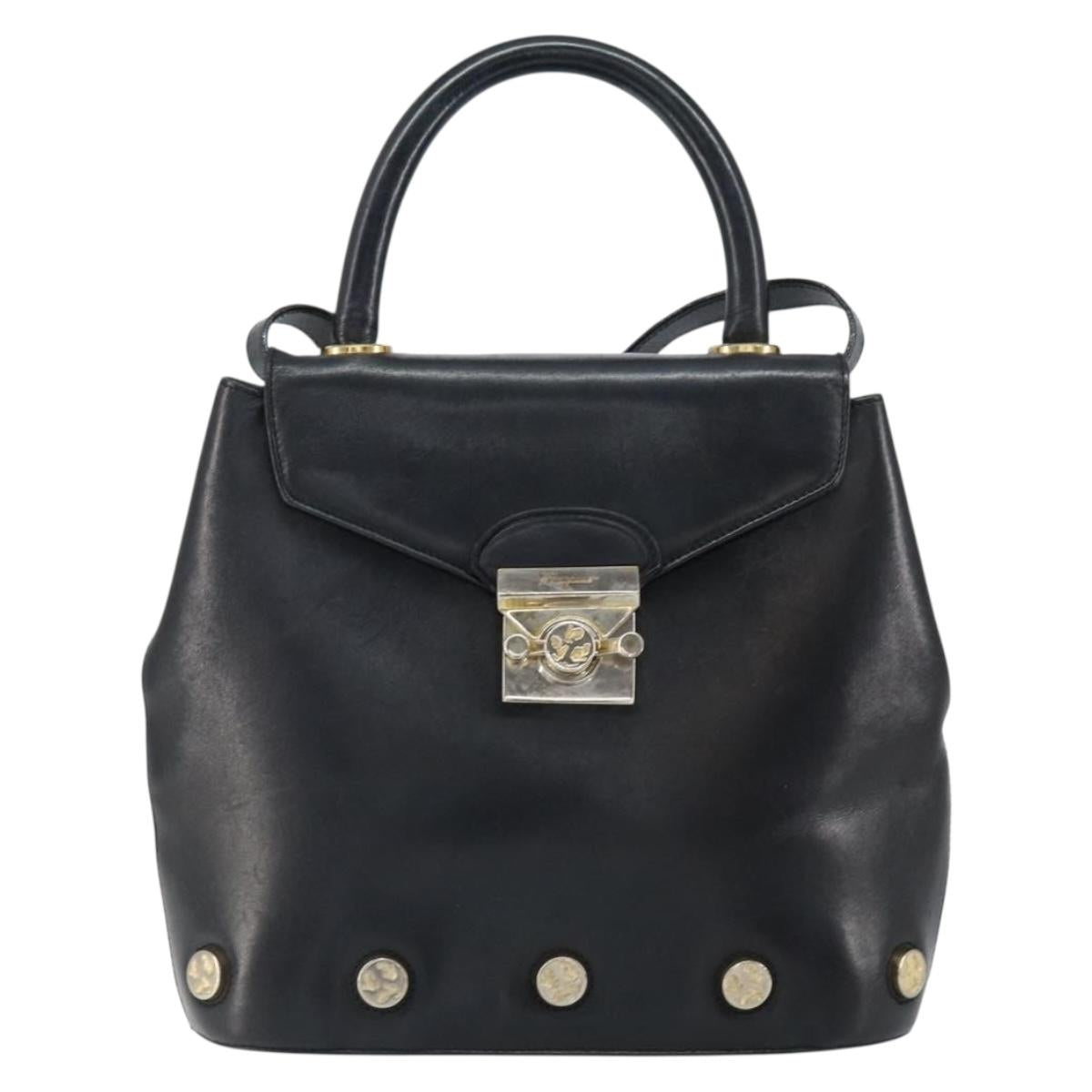 Salvatore Ferragamo Hand Bag Leather 2way Black Gold Auth bs30800