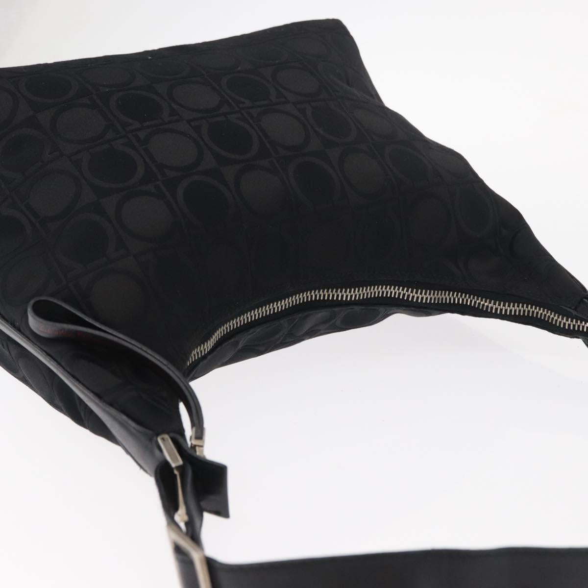 Salvatore Ferragamo Gancini Shoulder Bag Leather Nylon Black Silver Auth bs30802