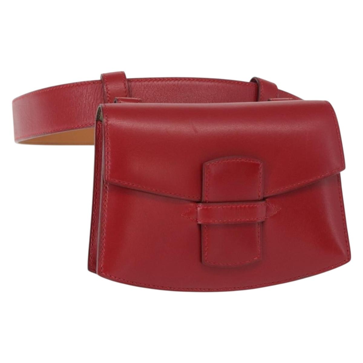 HERMES Waist Bag Leather Red Silver Auth bs30804