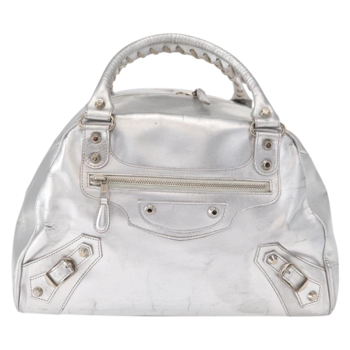 BALENCIAGA Grease Hand Bag Leather Silver 203249 Auth bs30812