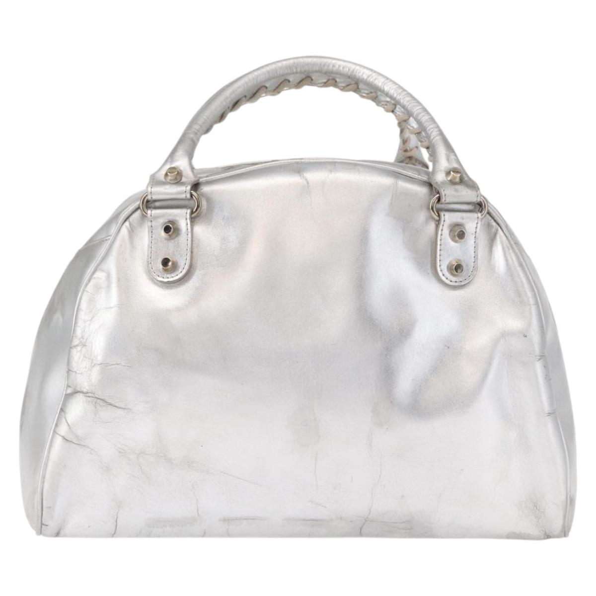 BALENCIAGA Grease Hand Bag Leather Silver 203249 Auth bs30812